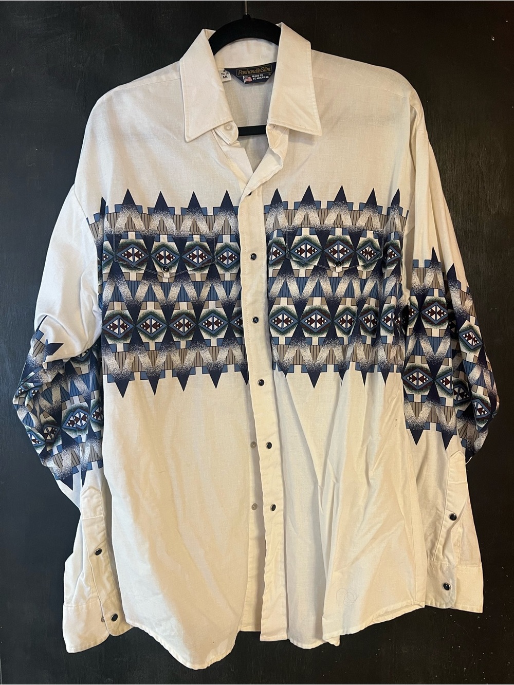 Panhandle Slim Cream Shirt with Navy Geometric Stripe
